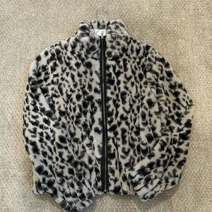 Peyton Jensen for Evereve plush faux fur animal print bomber jacket